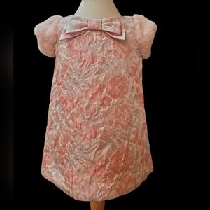 Janie & Jack Pink Brocade Dress W/faux Fur Sleeves, Size 3-6 Months, NWT